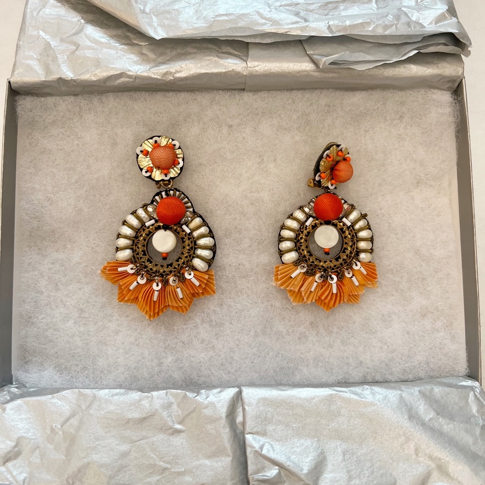Ranjana Khan Orange Tangerine Fan Drop Earrings Clip On